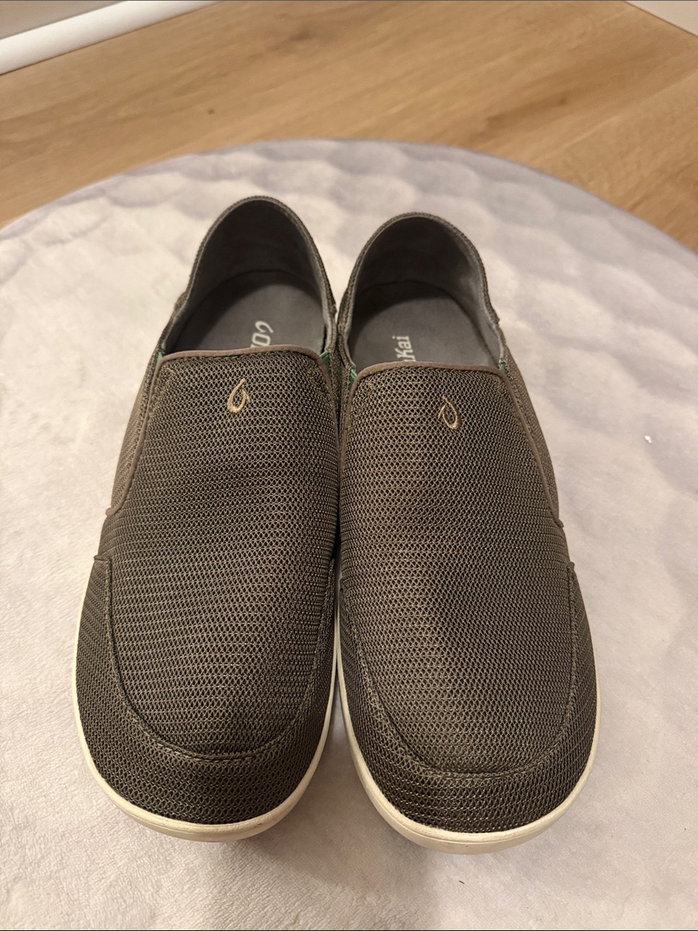 OluKai Men's Slip-On Loafers in Dark Brown/Olive with Cream Sole